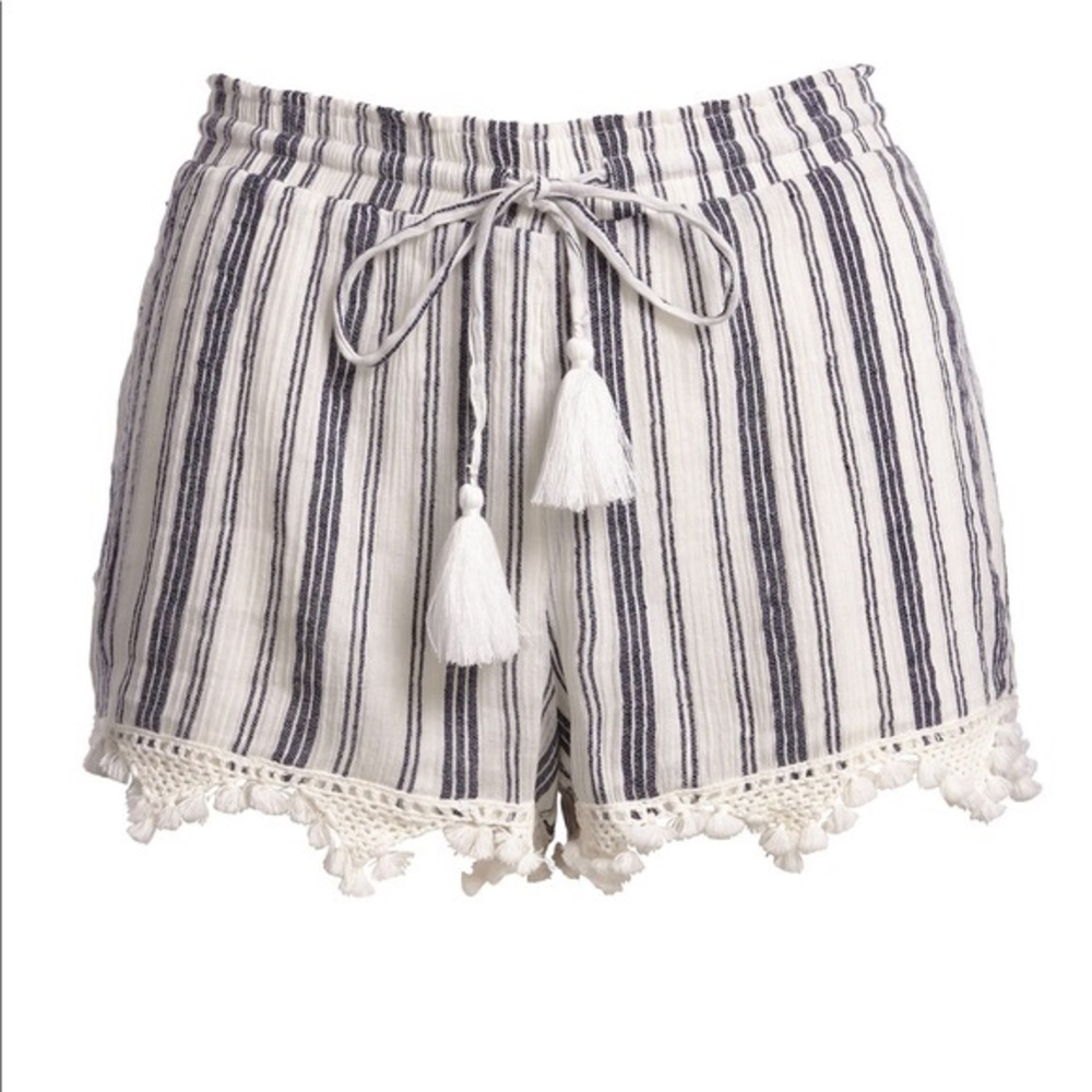 Joie Blue Striped Tassel Crochet Cotton Shorts